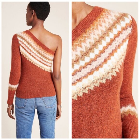 Anthropologie Rust Wool Vittoria Fair Isle One Shoulder Sweater Cozy Tan Large - Picture 2 of 8